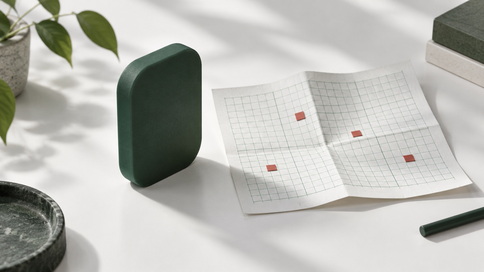 Abstract green tile beside folded graph paper with small red markers